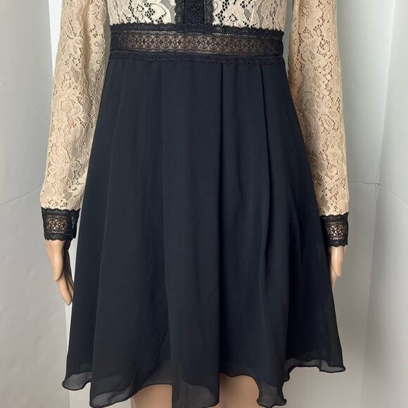 Little Mistress All Over Lace Top Long Sleeve Chiffon Semi Sheer Dress - Picture 7 of 12